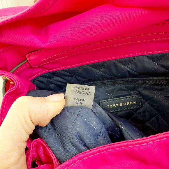 Tory Burch Perry Nylon Flap Backpack Bright Pink Fuchsia Leather Trim Bag - Picture 12 of 16